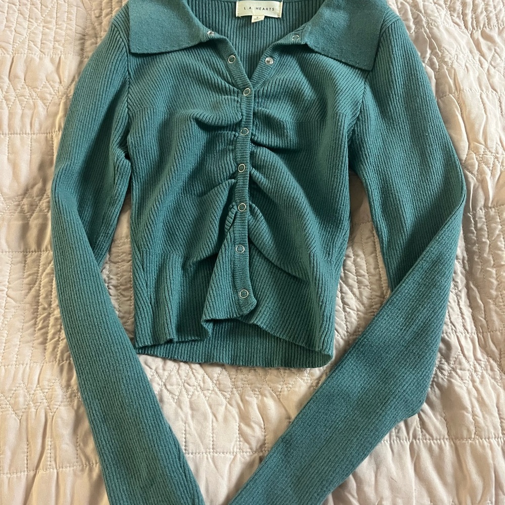 Teal Ribbed Button-Up Cardigan